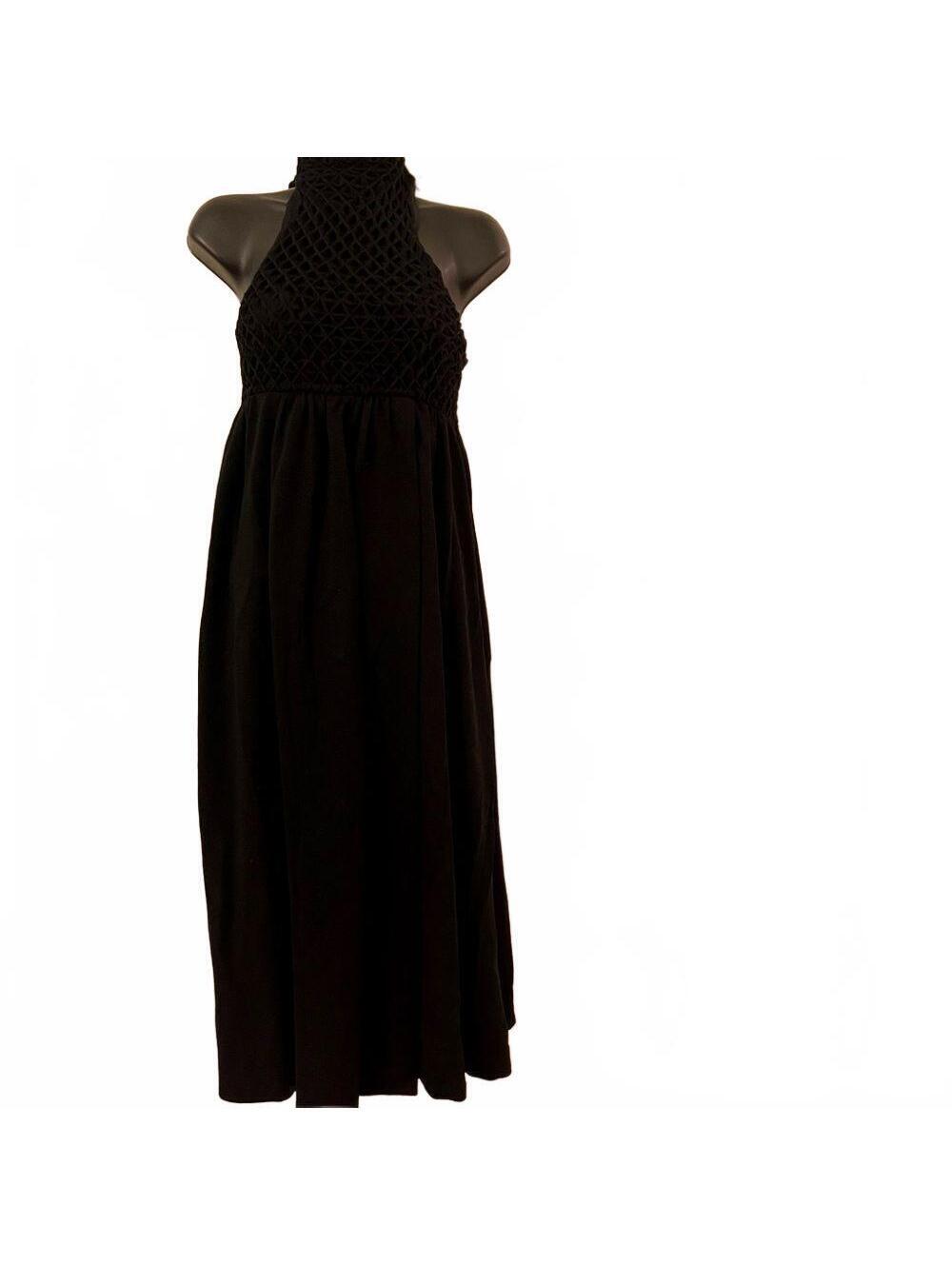 Vintage 60s Traina Boutique Black Wool Fishnet Moc Neck Wrap Maxi Dress LGWA 2